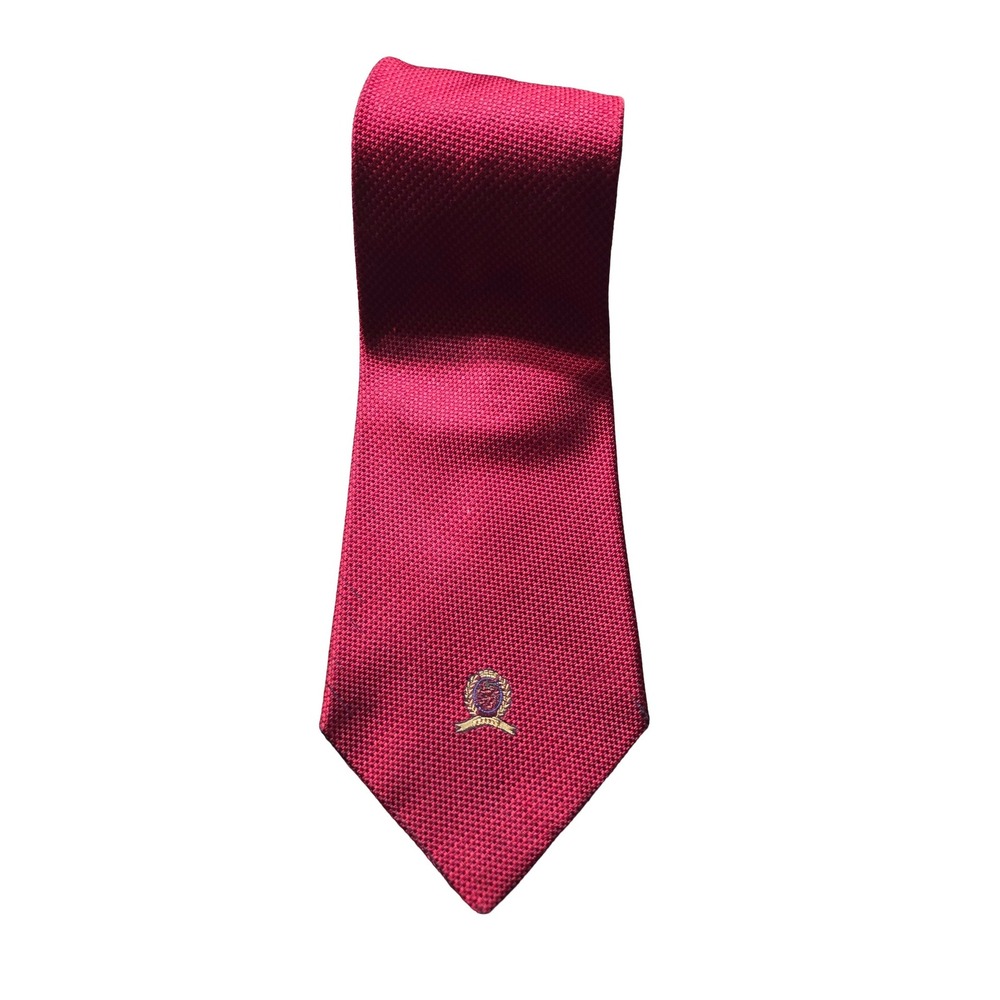 Tommy Hilfiger Mens Red Silk Basketweave Crest Logo Necktie Made in USA